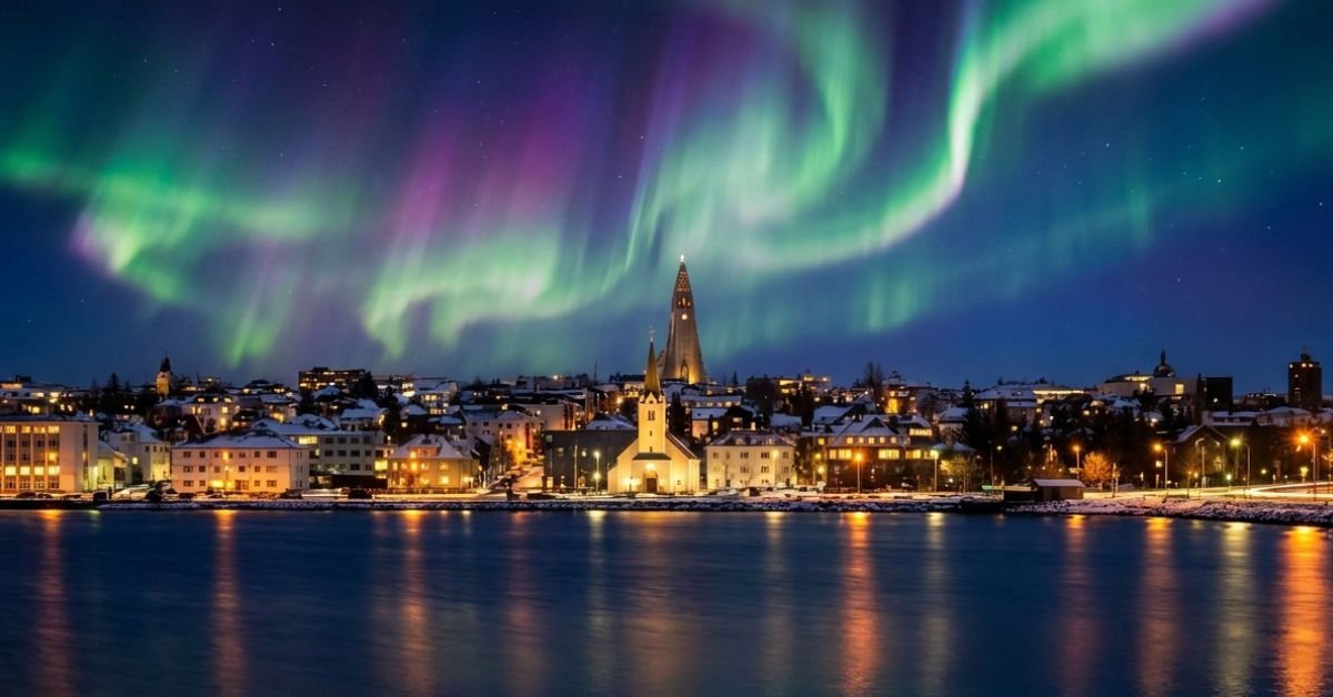 reykjavik iceland skyline with northern lights, colorful aurora over city, reykjavik iceland attractions