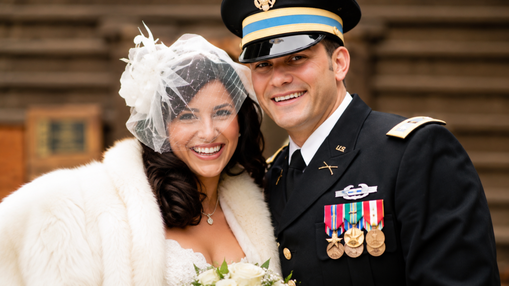 A high-definition wedding portrait of a joyful bride in an elegant white lace gown and fur wrap standing beside a smiling groom in a formal military dress uniform with medals, captured in warm cinematic lighting with a softly blurred background, formatted in 1200x628 resolution.