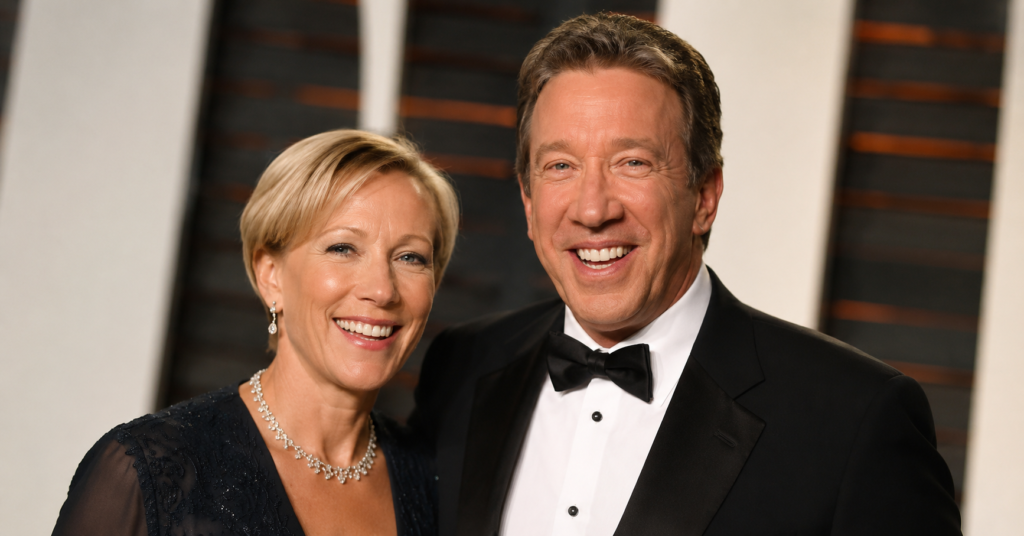 Laura Deibel and Tim Allen smiling together at a formal red carpet event in elegant evening attire, high-resolution celebrity portrait style.