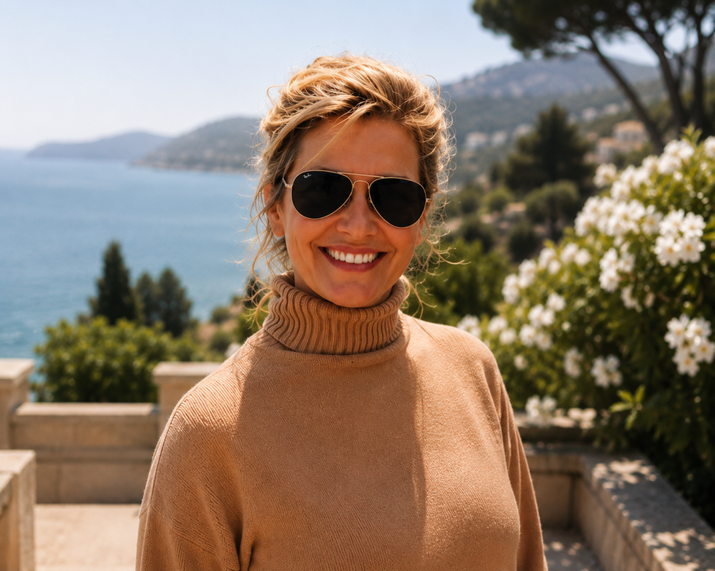 Kate Connelly smiling in a sunlit coastal portrait with an ocean-view background