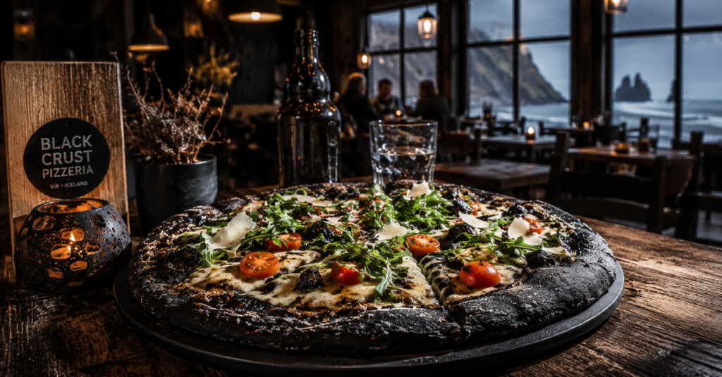 Black Crust Pizzeria in Vik Iceland serving signature black dough pizza in a cozy Nordic restaurant with volcanic coastline views