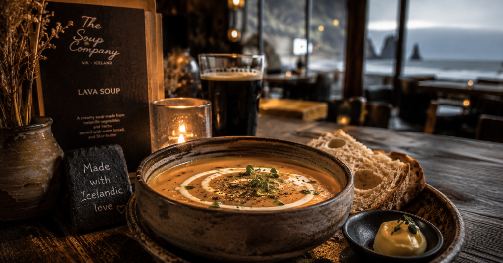 The Soup Company Vik Iceland serving famous lava soup with warm bread inside a cozy Icelandic restaurant atmosphere