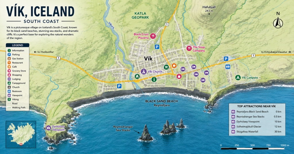 Illustrated map of Vik Iceland showing Reynisfjara black sand beach, Dyrholaey Peninsula, Vik Church, campsites, restaurants, and top South Coast attractions