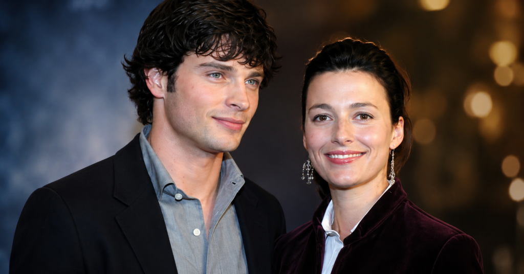Tom Welling and Jamie White-Welling posing together at a red carpet event with elegant blurred background and cinematic lighting.