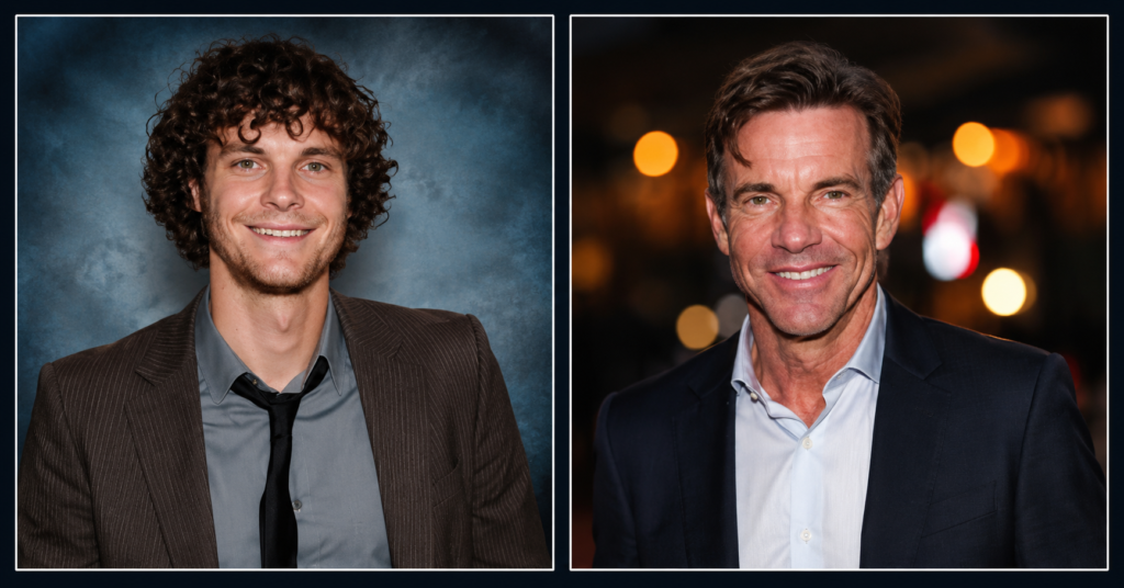 Stylish split-frame portrait of Jack Quaid and Dennis Quaid in separate panels with cinematic backgrounds, HD editorial celebrity-style image in 1200x628 format.