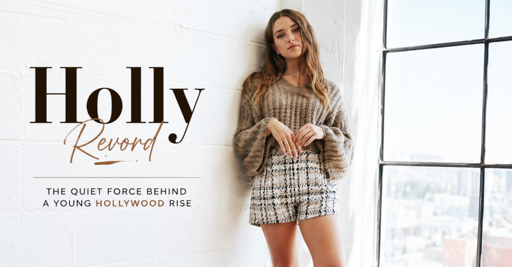 Holly Revord standing beside a large window in a cozy neutral-toned sweater and plaid shorts, luxury editorial portrait style with elegant Hollywood magazine aesthetic.