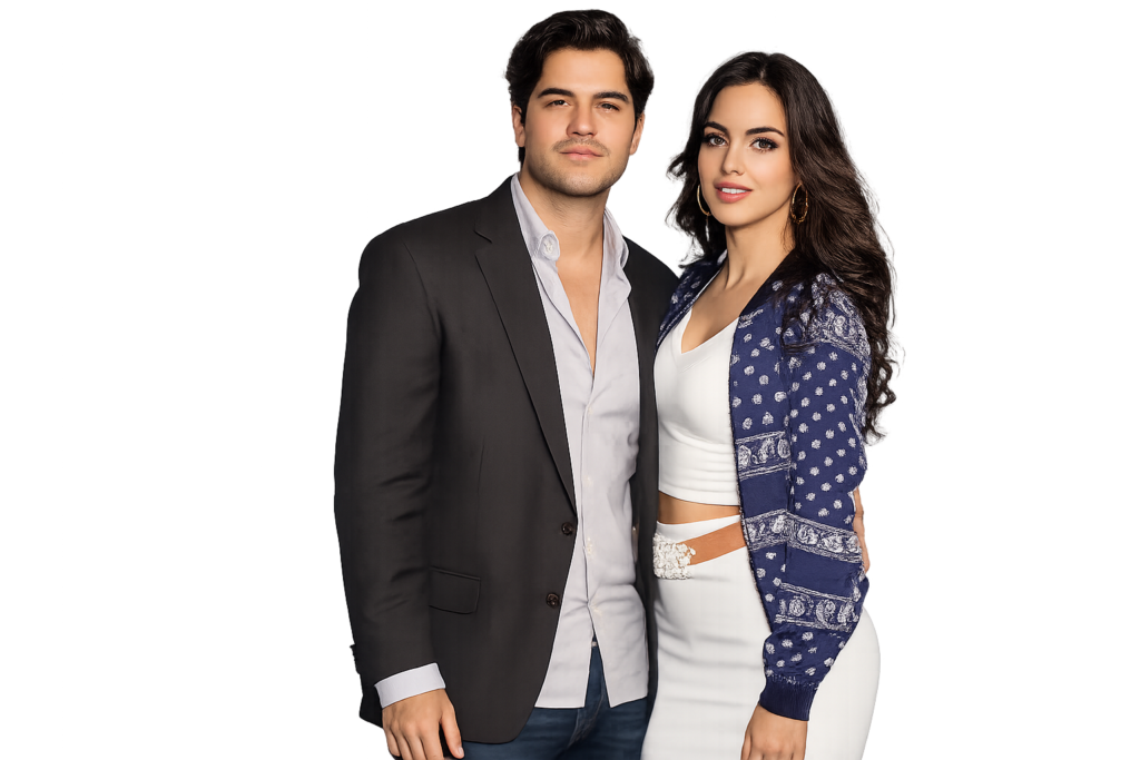 Paco Zazueta and Melissa Barrera posing together in a high-quality editorial-style portrait with a clean background, elegant fashion styling, and cinematic lighting.