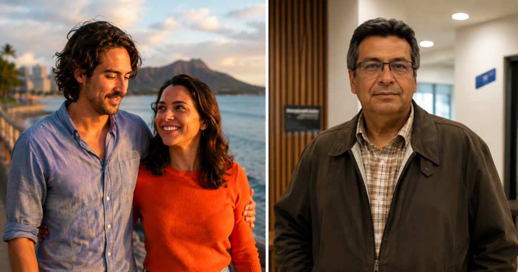 Young couple walking along a Hawaii beach at sunset beside a portrait of Eduardo Tamayo in a modern indoor setting, editorial-style featured image about Tulsi Gabbard’s former husband.