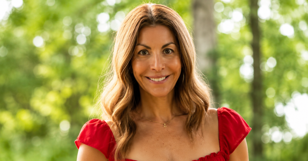 Noelle Watters smiling outdoor portrait in red dress with natural green background HD image