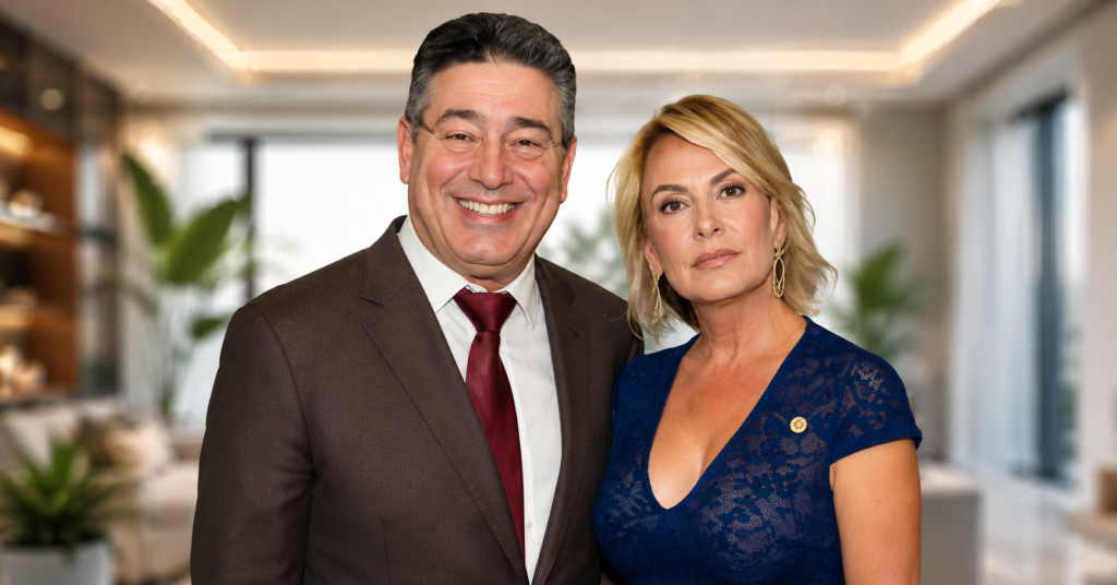 Itzhak Ezratti and his wife posing together in a luxury portrait with an elegant modern background