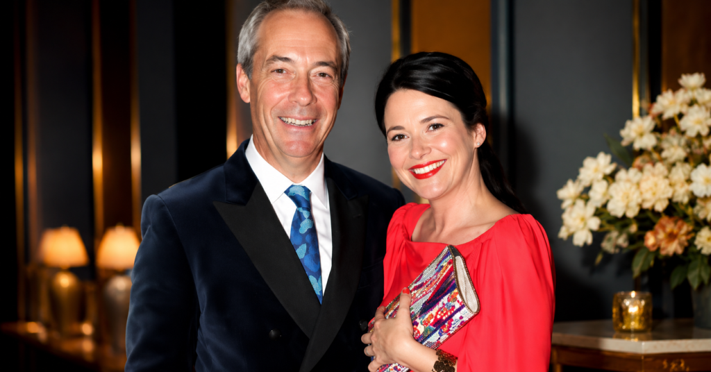 Gráinne Hayes and Nigel Farage smiling together at an elegant indoor event, dressed in formal attire with a luxury warm-lit background, high-quality editorial style portrait.