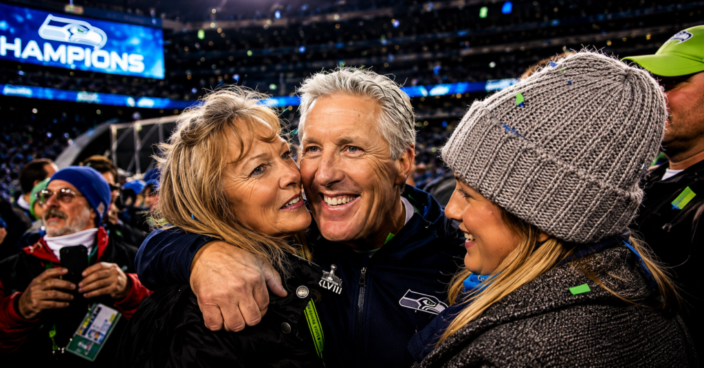 Excited Super Bowl celebration moment featuring Pete Carroll embracing family members on the field, surrounded by stadium lights and championship atmosphere, emotional candid sports photography.