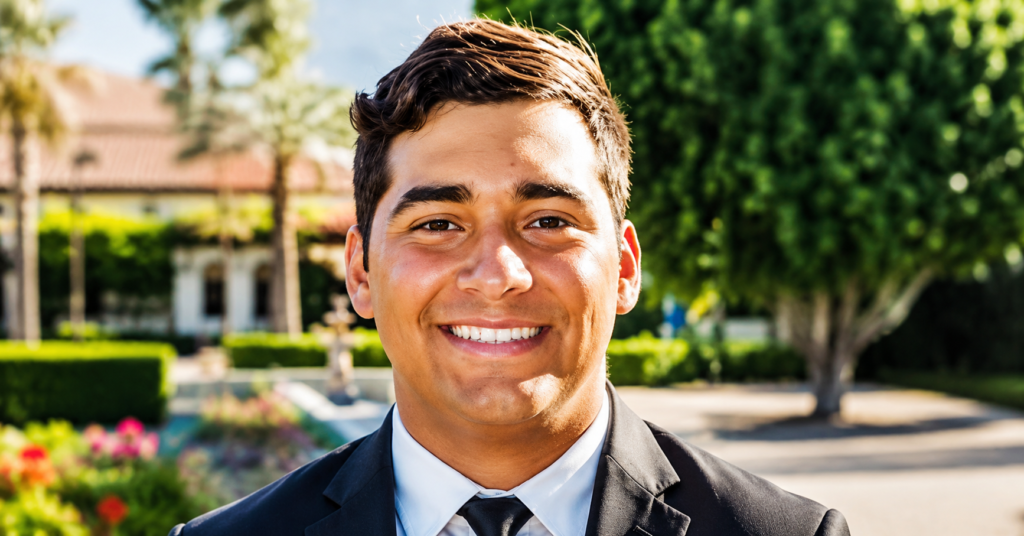 Professional portrait of Isaac Ortega smiling in a charcoal gray suit and burgundy patterned tie, modern corporate headshot with soft natural lighting and blurred outdoor architectural background, high-quality editorial style image.