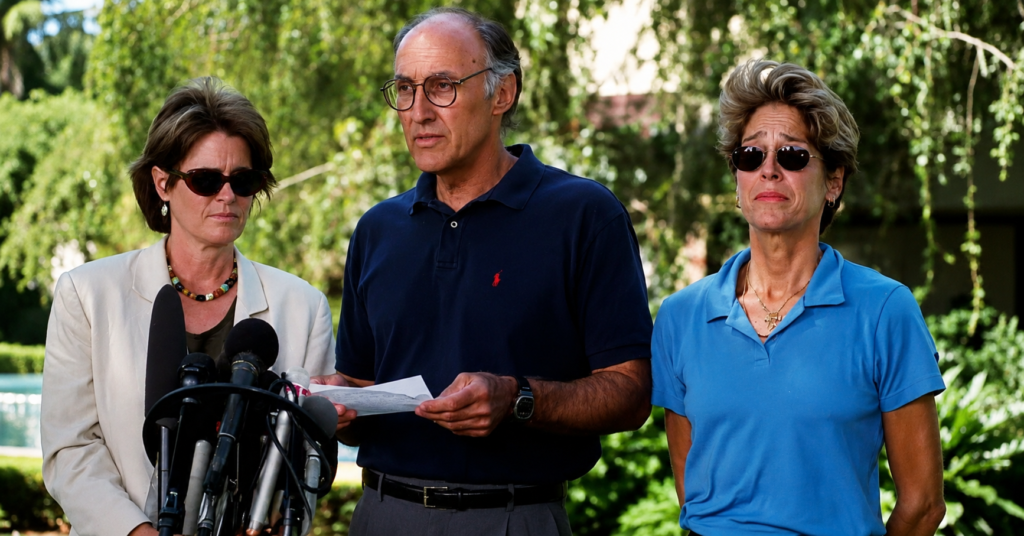 Judy Stewart-Merrill standing beside family members during an outdoor press conference, wearing sunglasses and formal attire, surrounded by microphones and lush greenery in the background.