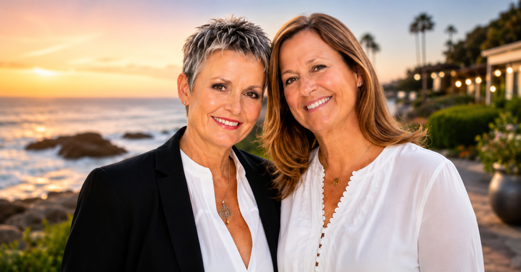 Amanda Bearse and Carrie Schenken smiling together during a sunset beach photoshoot with an oceanfront background in HD quality.
