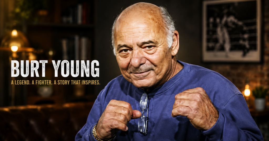Burt Young posing with raised fists in a professional studio-style portrait, wearing a blue sweatshirt against a warm cinematic background, highlighting the legendary Rocky actor's tough yet approachable personality.