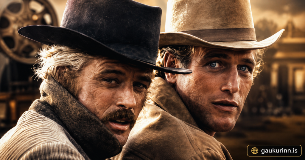 Robert Redford and Paul Newman in cowboy hats from Butch Cassidy and the Sundance Kid, featuring the legendary Hollywood duo in a cinematic Western portrait with a classic frontier backdrop.