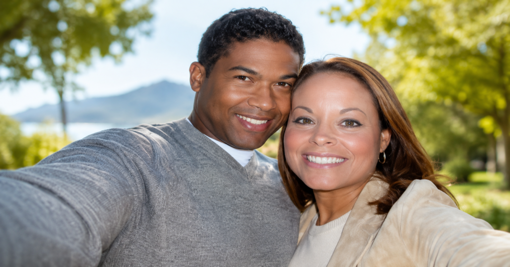 Kari Hillsman and Rick Fox smiling together in a high-resolution outdoor portrait with a scenic nature background and bright natural lighting.