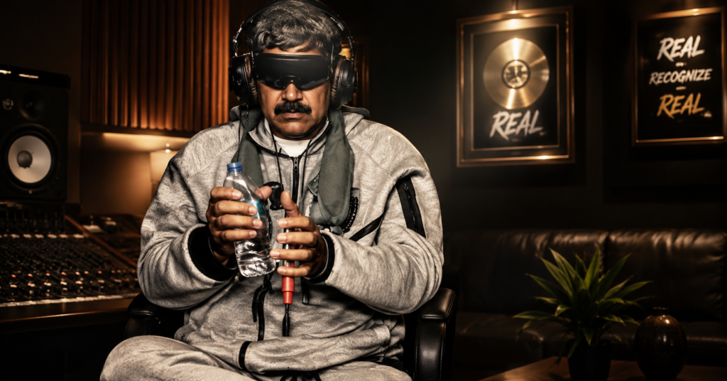 Maduro wearing a gray Nike Tech tracksuit, sunglasses, and headphones while seated in a studio-inspired setting, holding a water bottle with a focused expression.