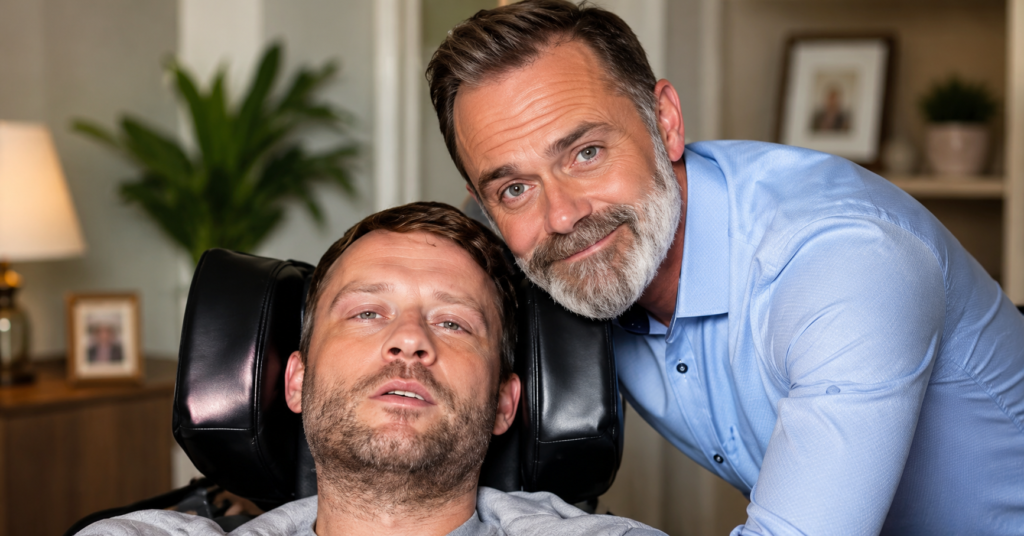 Two men share a heartfelt moment in a living room setting, highlighting an emotional Coronation Street star reunion scene.