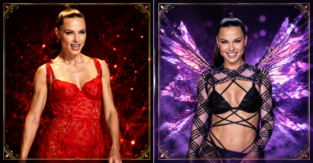 Adriana Lima in 2024 wearing a dramatic red lace gown and a black fantasy-inspired runway outfit with crystal wings during a high-fashion event appearance.