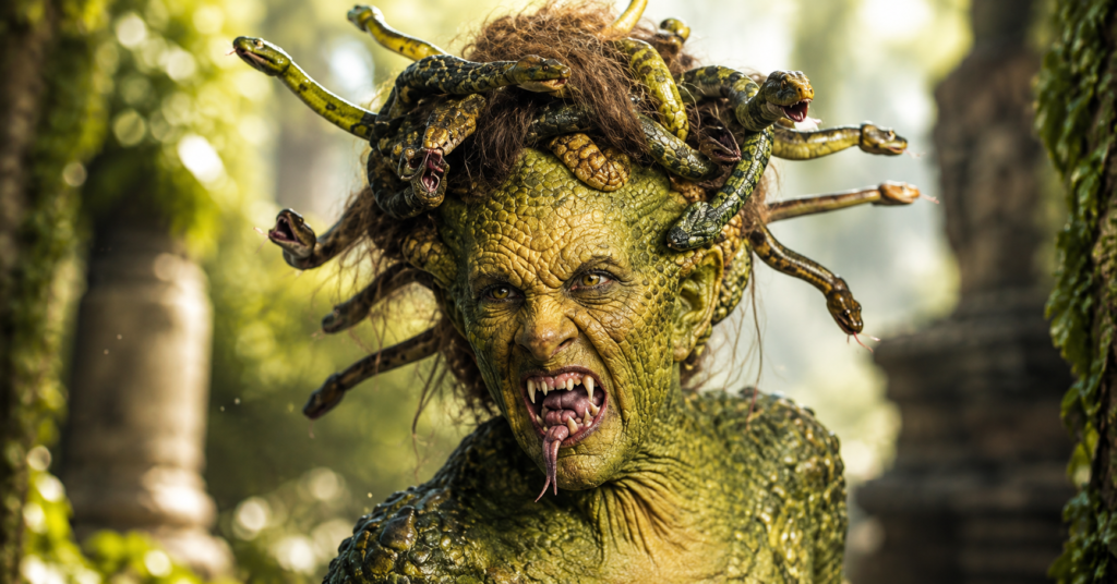 Heidi Klum Halloween costume featuring a dramatic Medusa-inspired transformation with detailed green scales, snake-covered hair, and theatrical special-effects makeup.