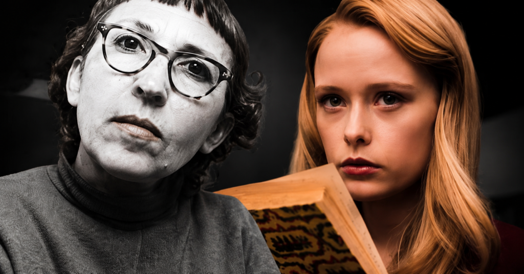 Did Ed Gein have a girlfriend in real life? Split-style featured image showing a grayscale portrait of Ed Gein beside a serious young woman holding a book, with a dark cinematic background illustrating the true crime topic.