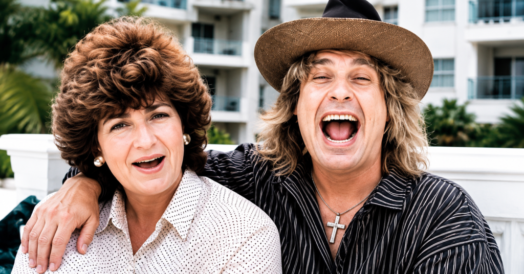 Young Sharon Osbourne smiling beside Ozzy Osbourne in a candid vintage outdoor photograph, capturing their early years together with a joyful and relaxed atmosphere.