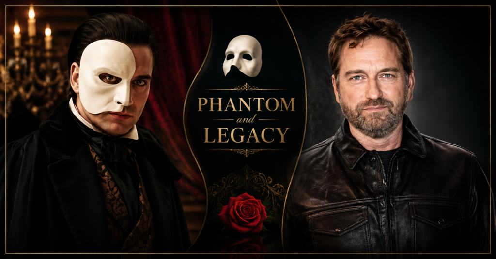 Actors of Phantom of the Opera in a cinematic side-by-side portrait featuring the masked Phantom character alongside a modern actor, styled as a dramatic theatrical tribute.
