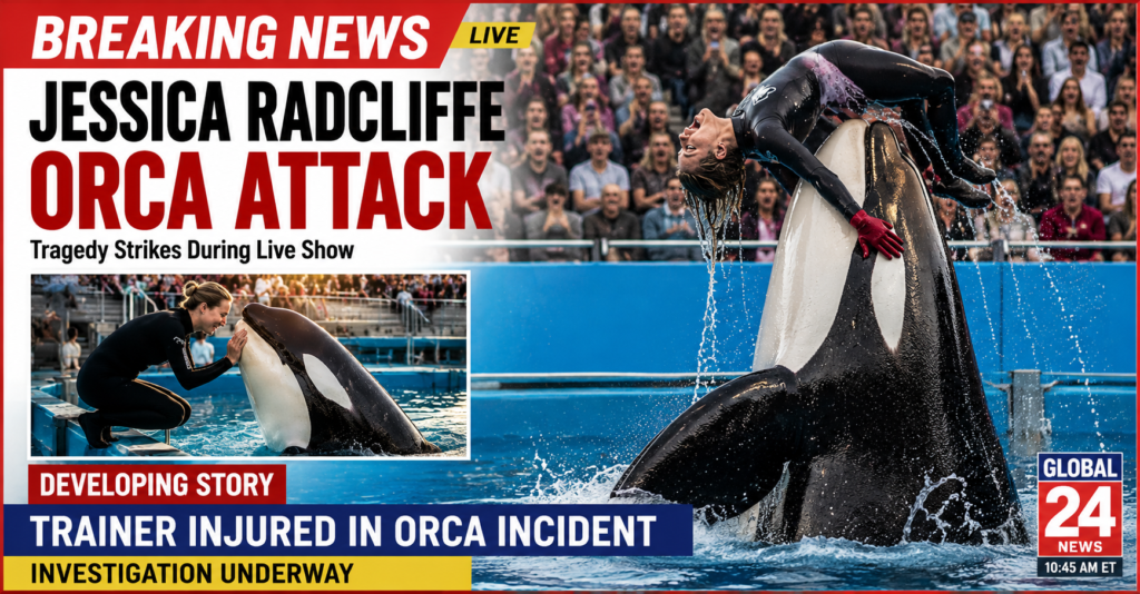 Jessica Radcliffe Orca Attack featured image showing a modern marine park with a large orca pool, empty amphitheater seating, and a subtle digital glitch effect symbolizing AI-generated misinformation about the alleged incident.