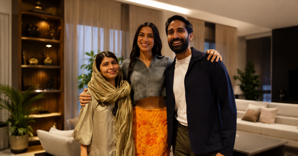 Asser Malik posing for a group photo with two women in a stylish indoor setting, featuring warm lighting, a modern luxury background, and a relaxed, candid atmosphere.