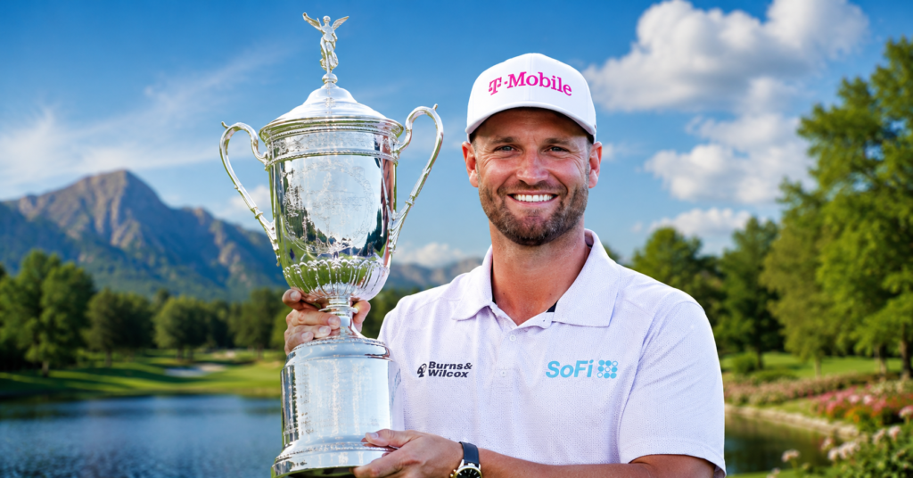 Wyndham Clark holding a championship trophy on a golf course after winning a professional golf tournament.