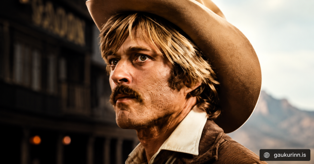 Robert Redford as the Sundance Kid in a classic Western-inspired portrait, featuring the Hollywood legend in cowboy attire with a rugged frontier backdrop and cinematic styling.