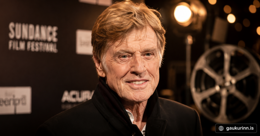 Robert Redford at a film industry event, showcasing the legendary actor, director, and Sundance founder in a sophisticated Hollywood portrait with a cinematic festival backdrop.