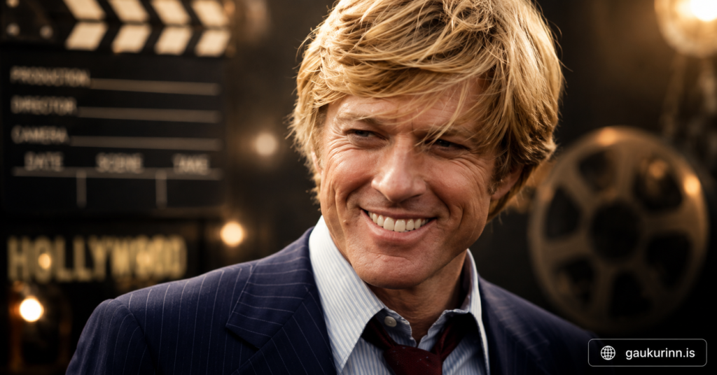 Robert Redford smiling in a classic Hollywood portrait, showcasing the legendary actor during the height of his career with a cinematic backdrop inspired by filmmaking and entertainment history.