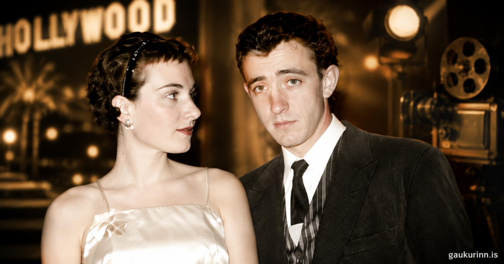 Harlene Rosen and Woody Allen in a restored vintage portrait, enhanced with cinematic Hollywood lighting, elegant bokeh effects, and a luxury entertainment magazine aesthetic.