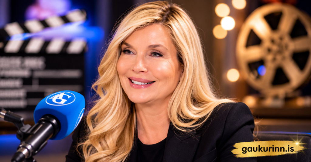 Nadine Caridi smiling during an interview in a luxury Hollywood-inspired studio with cinematic lighting, film reel backdrop, and premium editorial styling.