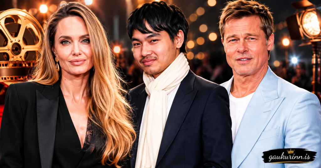 Maddox Jolie-Pitt posing between Angelina Jolie and Brad Pitt in a premium Hollywood-inspired editorial portrait with cinematic lighting, luxury magazine styling, and elegant red-carpet ambiance.