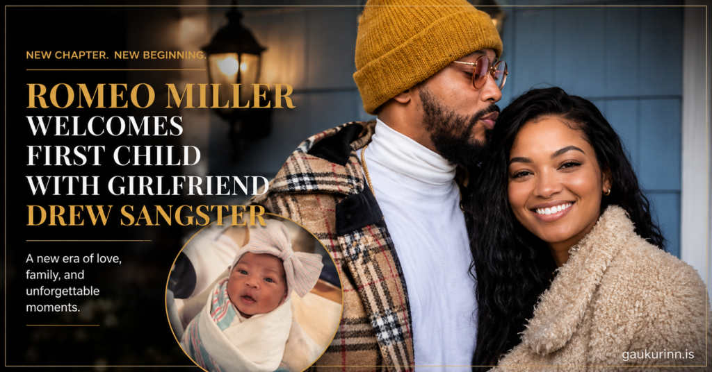 Romeo Miller and Drew Sangster smile together in a warm family portrait announcing the birth of their first child.