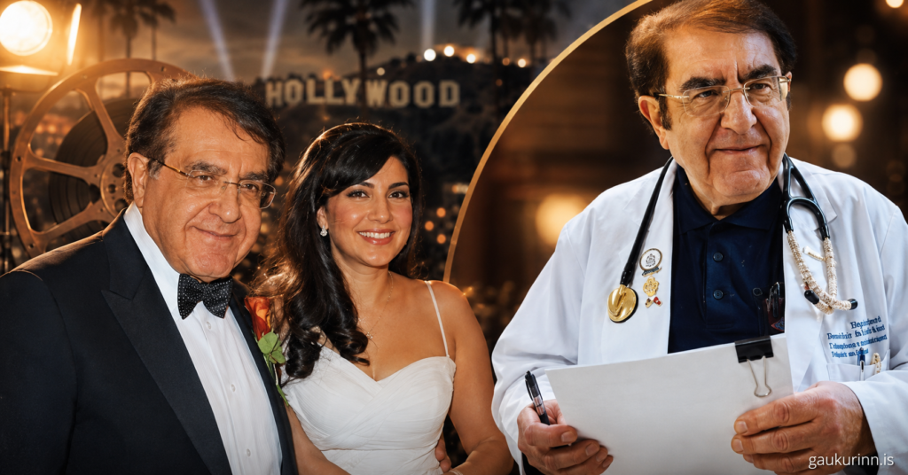 Elegant Hollywood-style editorial portrait featuring an older gentleman in a tuxedo standing beside a smiling woman in a white gown, alongside a professional doctor in a white coat. Set against a cinematic backdrop with film-reel elements, warm bokeh lights, and luxury entertainment magazine aesthetics.