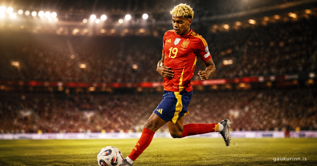 Lamine Yamal in action during a football match, showcased in a premium editorial sports portrait with cinematic stadium lighting, dynamic movement, and high-end magazine-quality photography.