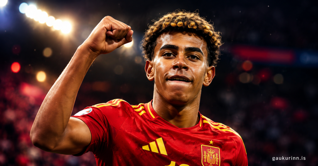 Lamine Yamal celebrates during a football match in a premium editorial sports portrait, featuring cinematic stadium lighting, sharp details, and a high-end magazine-style aesthetic.