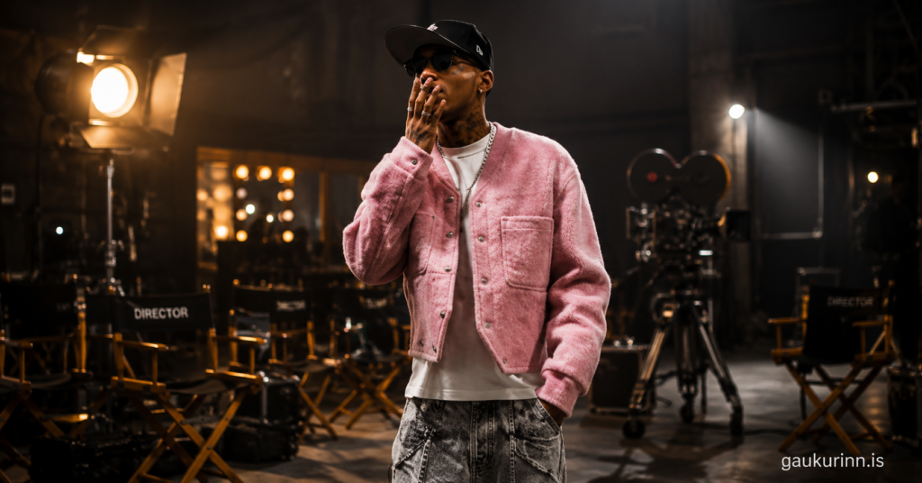 Lamine Yamal in a stylish off-field fashion look, wearing a pink designer jacket and patterned denim jeans, captured in a premium editorial portrait with cinematic lighting and luxury magazine aesthetics.