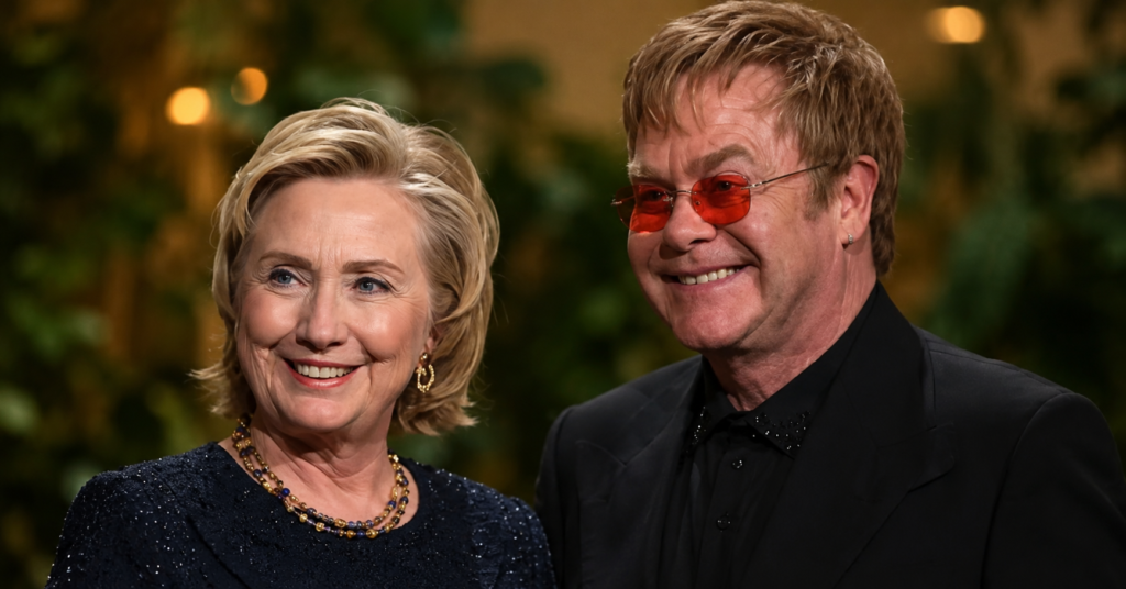 Hillary Clinton and Elton John smiling together at a public event, dressed in elegant dark attire, captured in a high-definition portrait with a sophisticated blurred background.