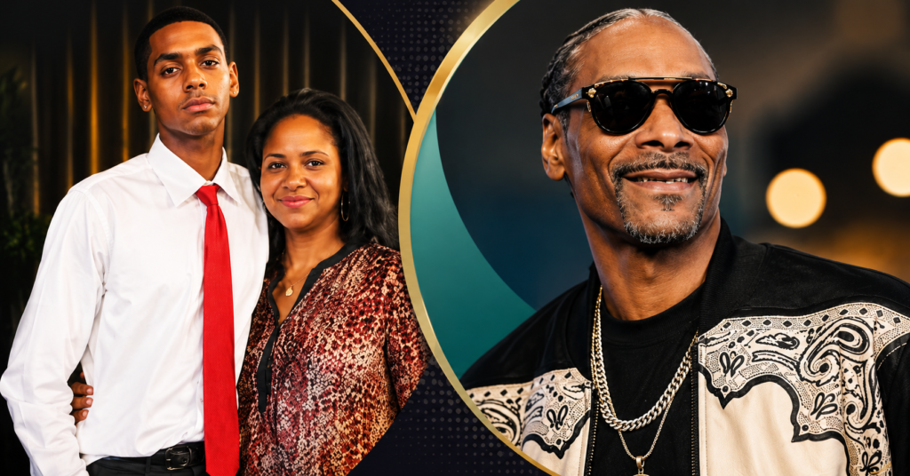 Laurie Holmond and Julian Corrie Broadus featured alongside Snoop Dogg in a professional collage highlighting their family connection and public interest story.
