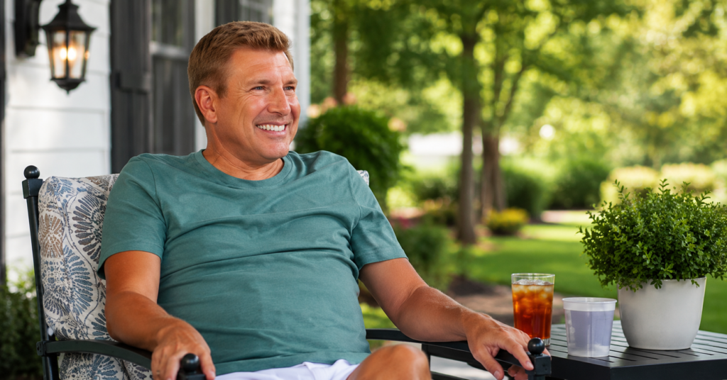 Derrick Chrisley article image featuring a smiling man relaxing on a bright outdoor porch with a garden background.