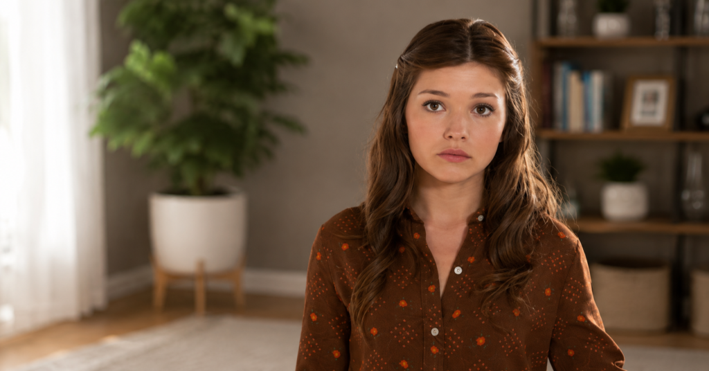 Young woman portrayed as Lisa McVey standing in a doorway during a scene from Believe Me: The Abduction of Lisa McVey, showing a serious and emotional expression.