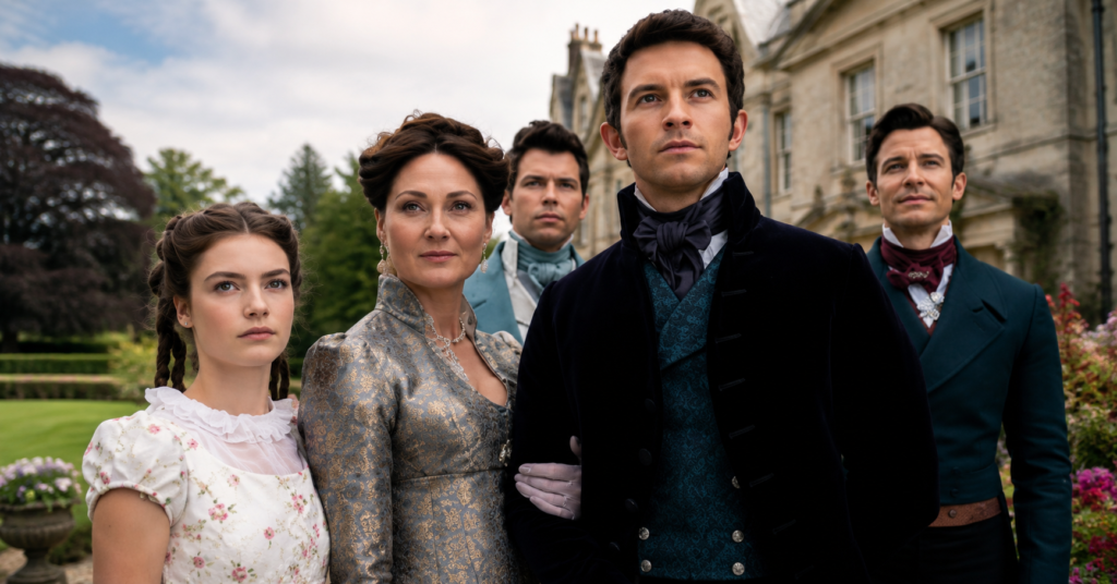 Main cast members from Bridgerton Season 1 gathered outdoors in period costumes, featuring members of the Bridgerton and Featherington families during a pivotal moment.