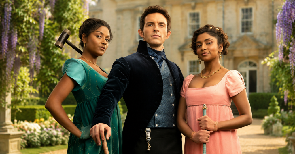 Key cast members from Bridgerton Season 2 pose in elegant Regency-era attire in a grand garden setting, highlighting the romance and drama of the season.