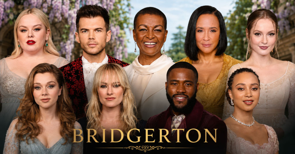 Cast members of Bridgerton Season 3 featured in a promotional collage, highlighting the actors behind the beloved characters of the hit Netflix period drama.